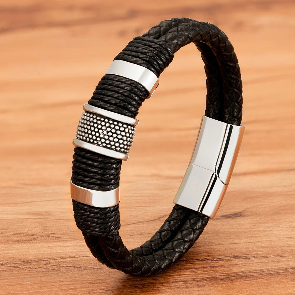TYO Braided Rope Wrap Leather Bracelets For Men Bangles Fashion Male Women Charm Stainless Steel Clasp Jewelry DIY Customization