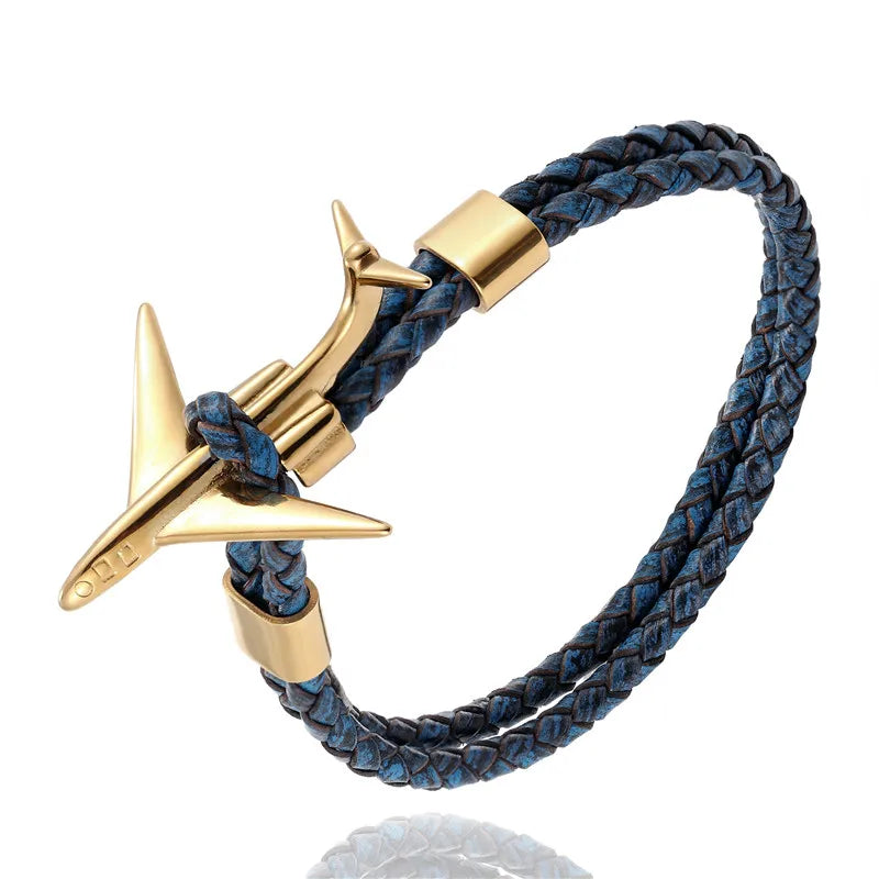 MKENDN Fashion Retro Leather Bracelet Stainless Steel Airplane Anchor Bracelets Men Women Summer Style Wrap Metal Sport Hook