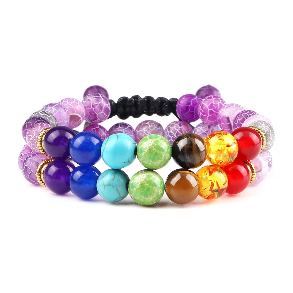 2Pcs Natural Stone 7 Chakra Healing Beaded Adjustable Braided Bracelets Men 8mm Lava Stretch Bracelet Women Reiki Buddha Jewelry