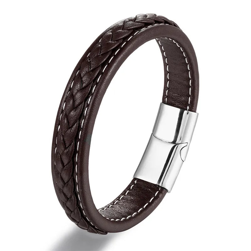 MKENDN Punk Men Jewelry Black Blue Braided Leather Bracelet Stainless Steel Magnetic Clasp Fashion Bangles Male Jewelry