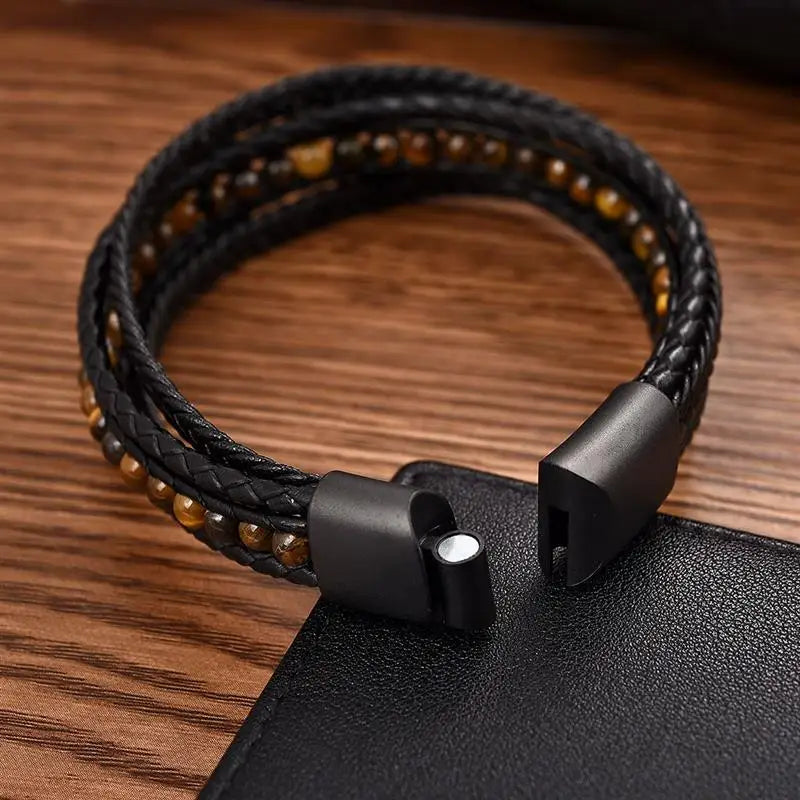 Jiayiqi Fashion Natural Stone Beads Men Bracelet Multilayer Leather Bracelet Punk Jewelry Stainless Steel Magnetic Clasp Bangles