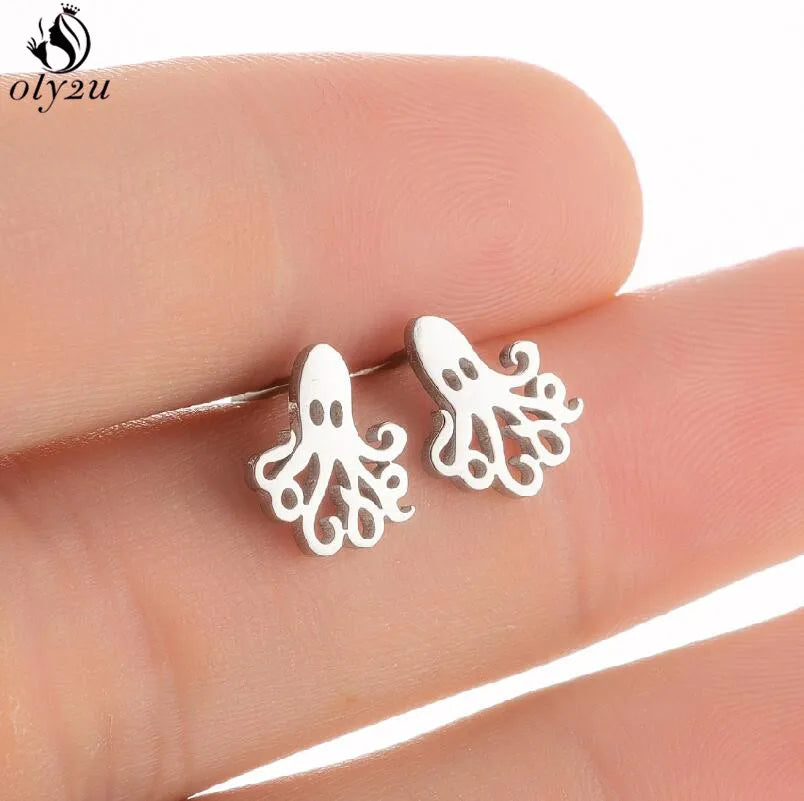 Korean Cute Stainless Steel Animal Earrings for Women Small Bat Octopus Fish Penguin Stud Earrings Trendy Jewelry Friends Gifts