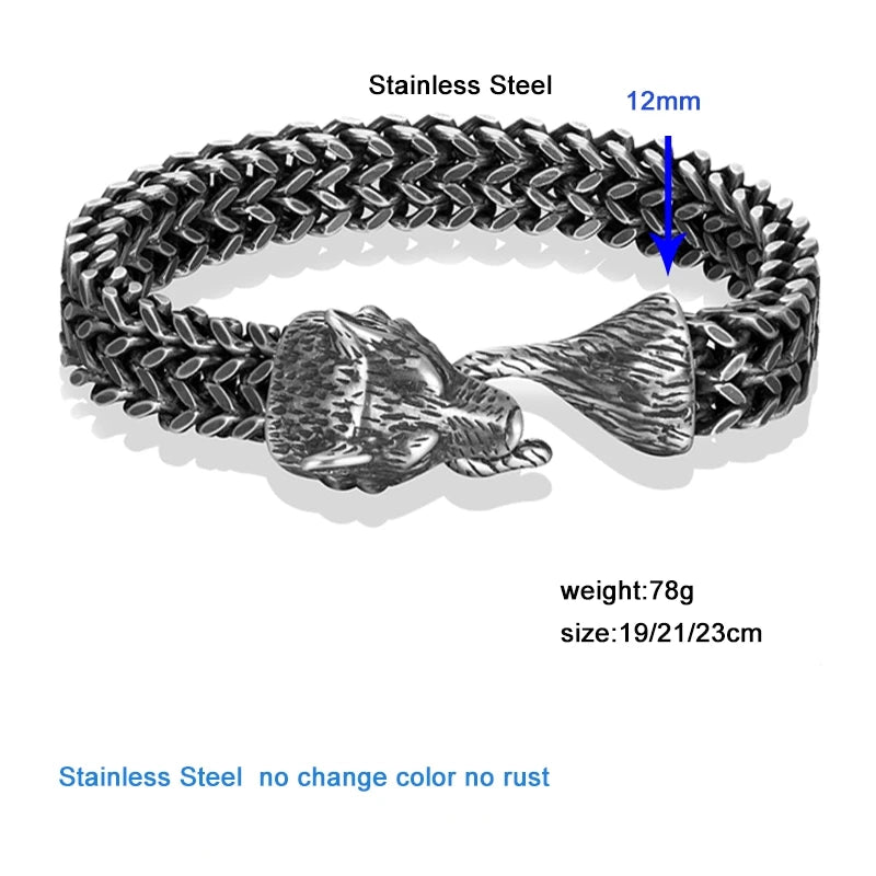MKENDN Vintage Oxidized Black Punk Rock Viking Wolf Charm Bracelet Men's Stainless Steel Mesh Chain Wolf Bracelets Biker Jewelry