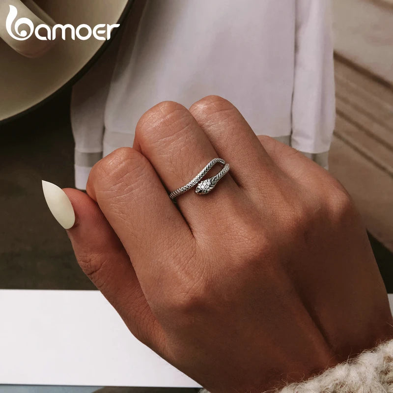 BAMOER 925 Sterling Silber Platinierter verstellbarer Ring, grüner Zirkon Retro Texturen Schlangenring Modeschmuck 4 Farben