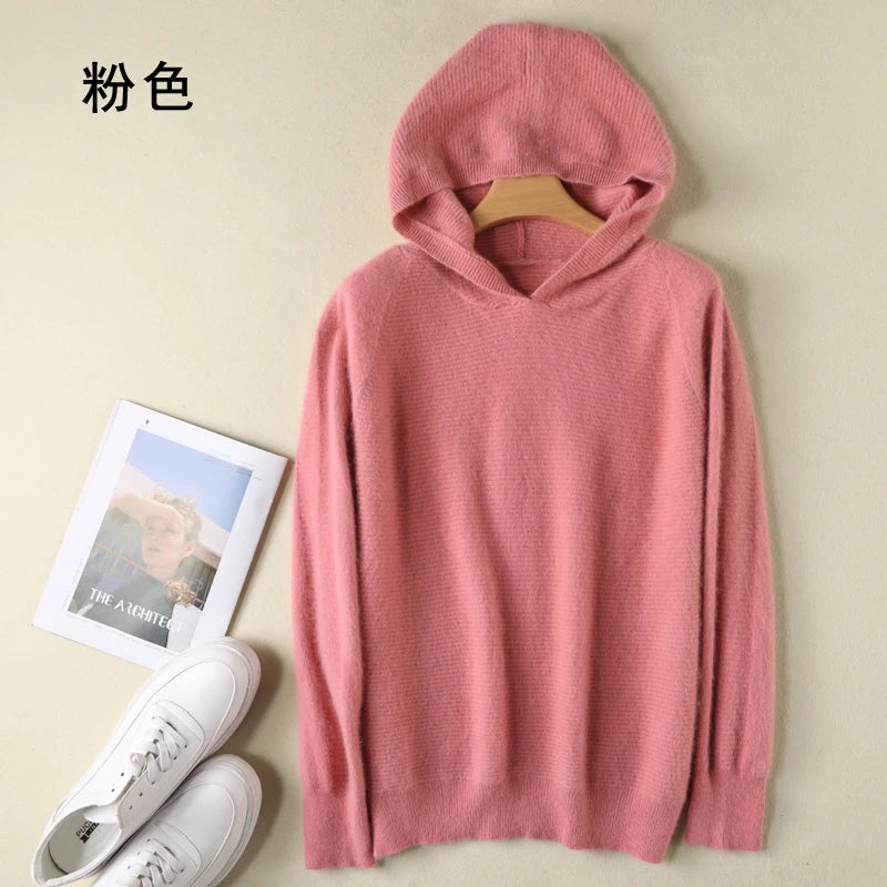 2025 Spring Winter 100%Pure Mink Cashmere Sweater Women Knitted Hooded Warm Lady's Grade Up Jumpers and Pullovers Soft Warm Tops