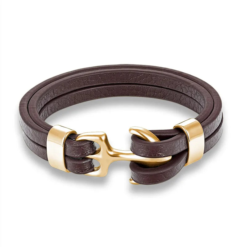 YIZIZAI Genuine Leather Anchor Bracelet Men Lion Double Wolf Shackles Stainless Steel Charm Bracelets Wristband Fashion Jewelry - Madeinsea©