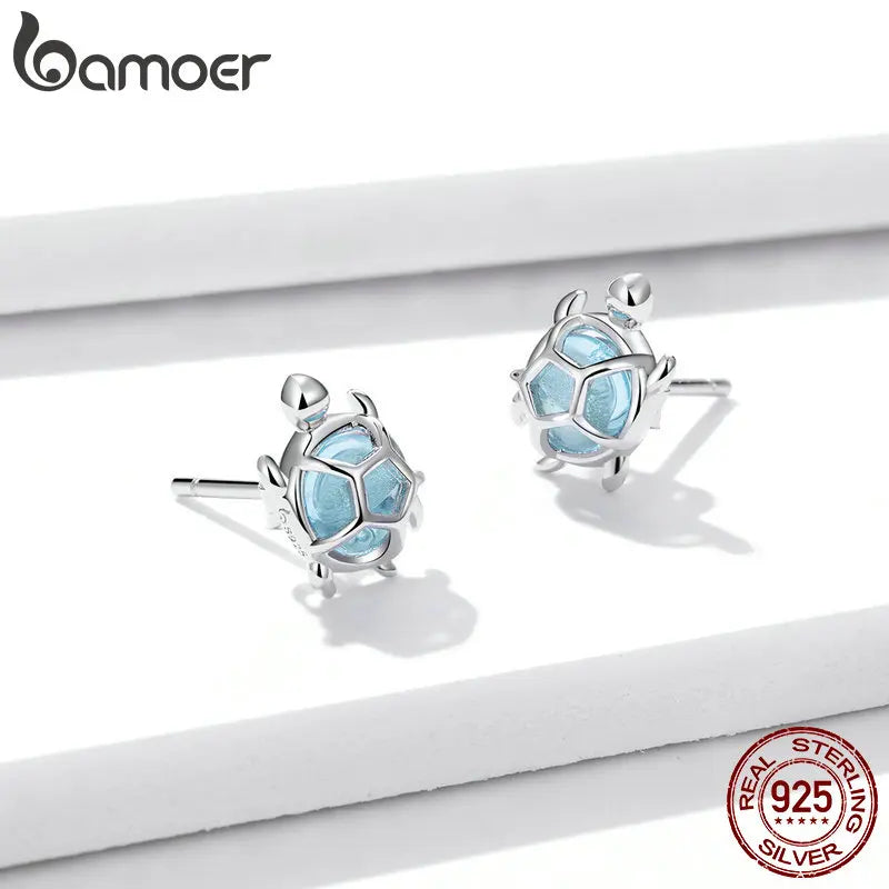 Ocean Blue Turtles Stud Earrings for Women 925 Sterling Silver Glass and CZ Studs Jewelry Girl Birthday Gifts BSE406 - Madeinsea©