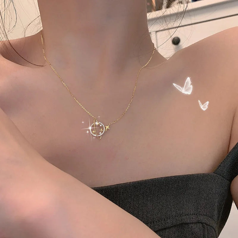 925 Sterling Silver Simple Diamond Gold Planet Pendant Necklace Women Fashion Wedding Party Jewelry Accessories