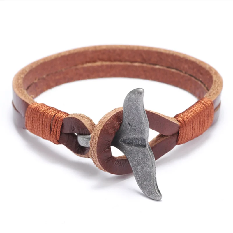 MKENDN Vintage Whale Tail Leahter Bracelet Men Women Fashion Beach Jewelry Summer Punk Style