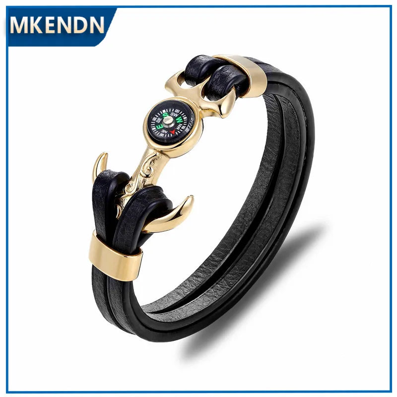 MKENDN High Quality Compass Stainless Steel Anchor Shackles Black Leather Bracelet Men Wristband Survival Sport Fashion Jewelry