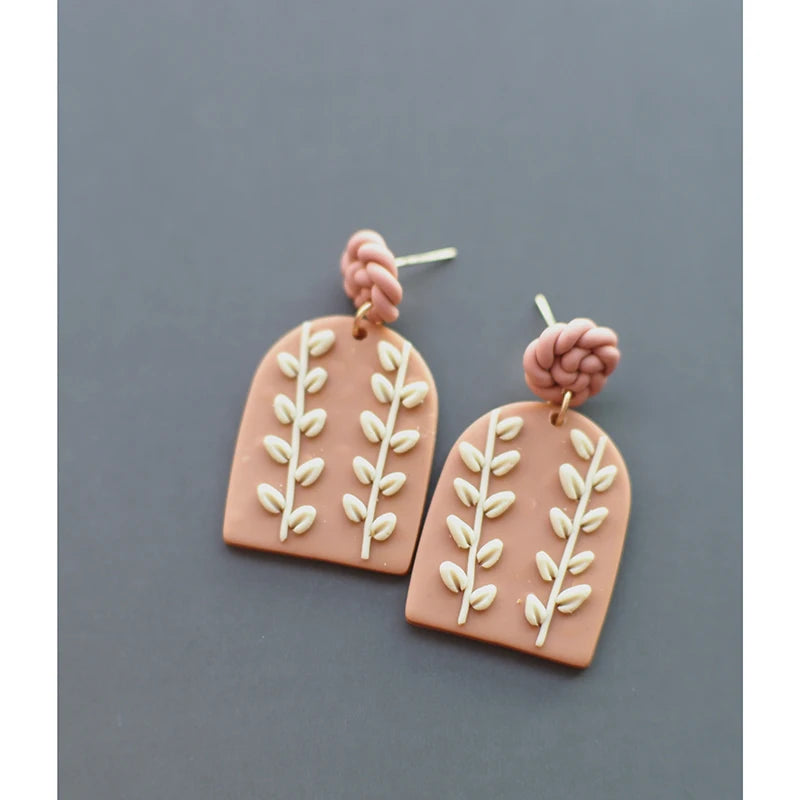 Leaves Heart Earthy Colors Arch Natural Handmade Polymer Clay Braided Pattern Earrings Dangle Sets Women Jewelry Holiday Wear