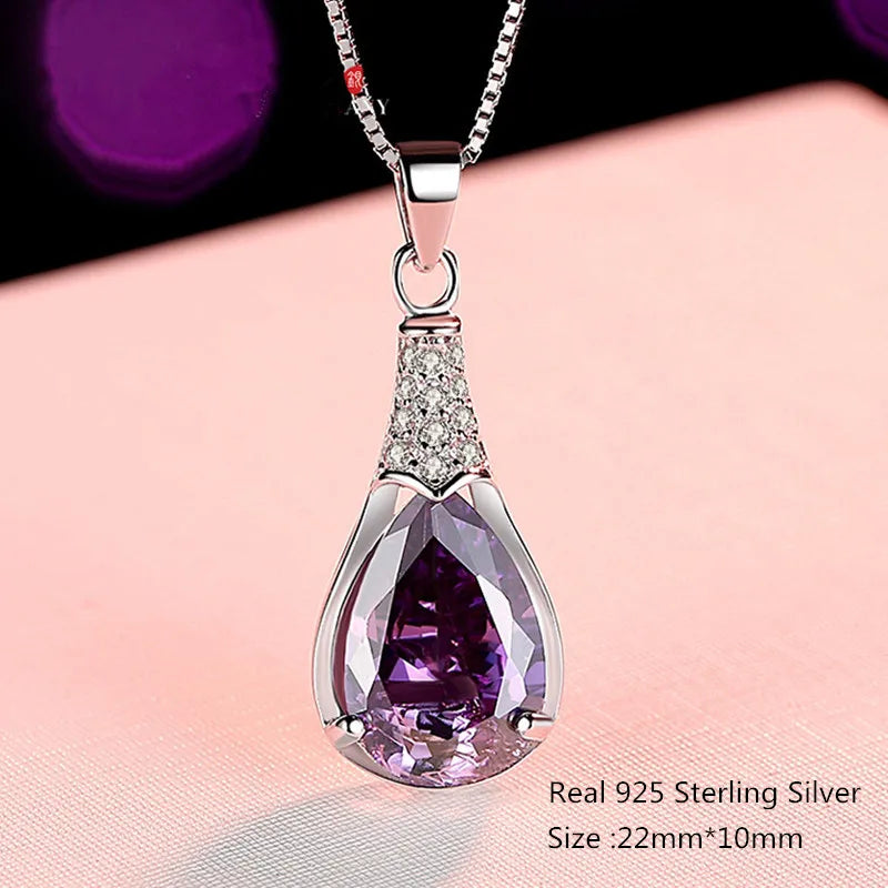 Buyee Halskette mit Steinanhänger aus 925er Sterlingsilber, natürlicher Amethyst, für Damen, luxuriöse Hochzeitskette, edler Schmuck mit Box