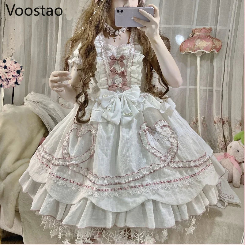 Sweet Chic Lolita Princess OP Dress Women Vintage Elegant Bow Lace Ruffles Pearls Flowers Wedding Dresses Girly Cute Party Dress