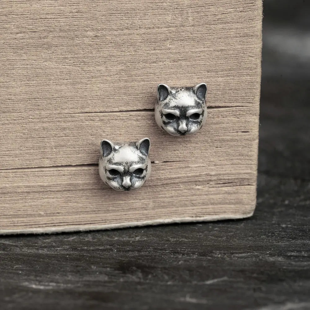 MKENDN 100% 925 Sterling Silver Creative Retro Cat Stud Earring Punk Street Style Ear Pin for Men Women Fine Jewelry