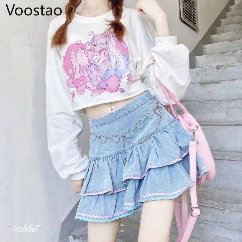 Sweet Lolita Style Mini Skirts Women Harajuku Cute Preppy Style Jk Denim Skirt Japanese Girls Sexy Punk High Waist Tiered Skirt