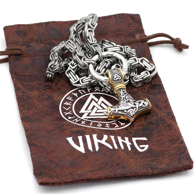 MKENDN Men Stainless Steel Wolf Head Norse Viking Amulet Thor Hammer Pendant necklace Never Fade Black Gold Plated King Chain