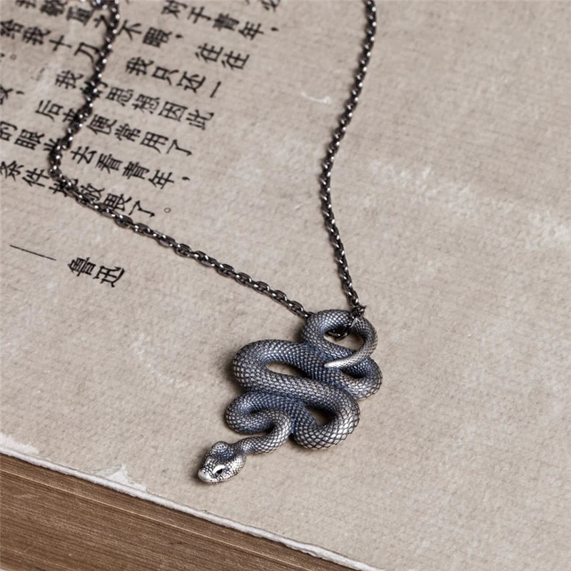 MKENDN Vintage 100% 925 Sterling Silver Snake Pendant Necklace For Men and Women Gothic Street Hip Hop Punk Dark Jewelry