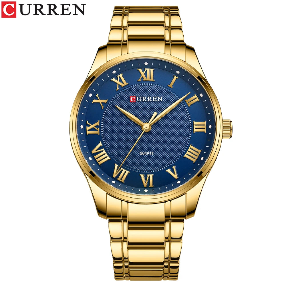 Montre CURREN New Simple Business pour homme avec bracelet en acier inoxydable, mouvement à quartz, couleur or et noir.