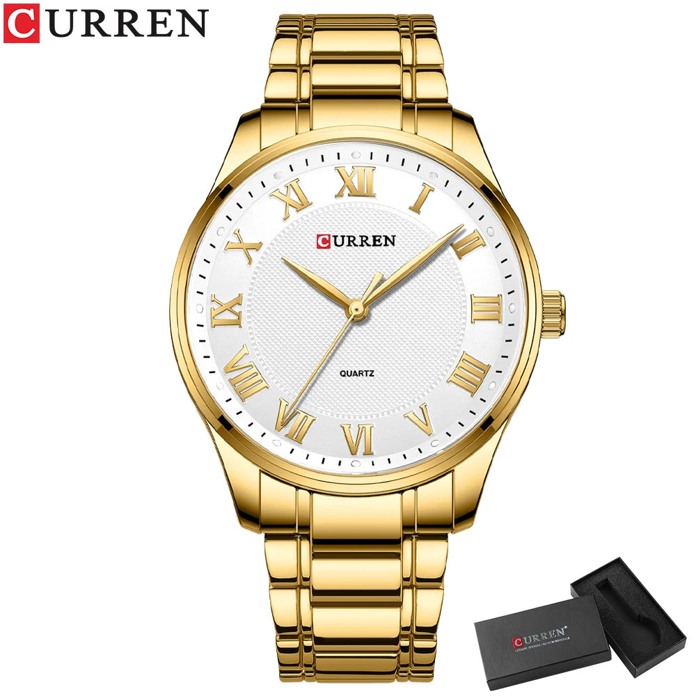 Montre CURREN New Simple Business pour homme avec bracelet en acier inoxydable, mouvement à quartz, couleur or et noir.