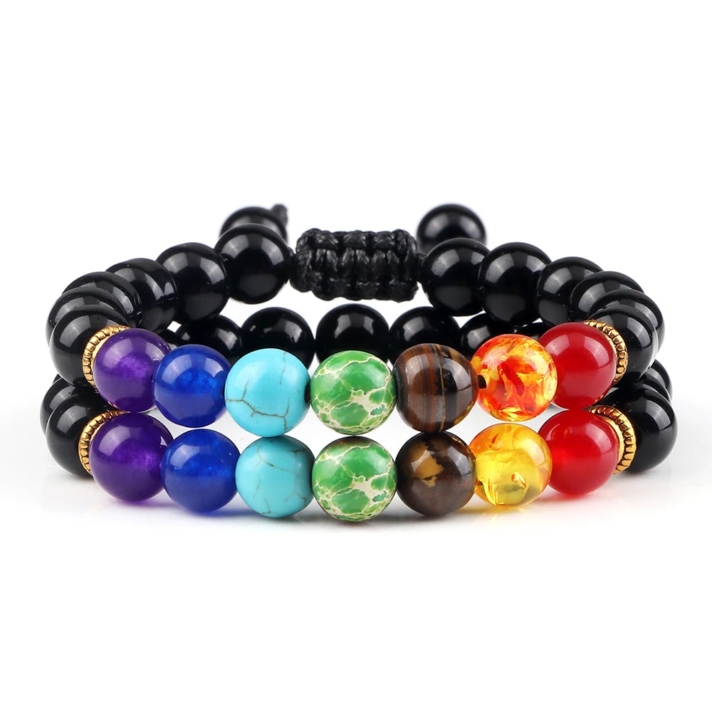 2Pcs Natural Stone 7 Chakra Healing Beaded Adjustable Braided Bracelets Men 8mm Lava Stretch Bracelet Women Reiki Buddha Jewelry