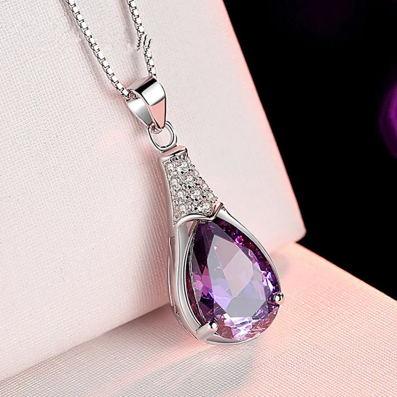 Buyee Halskette mit Steinanhänger aus 925er Sterlingsilber, natürlicher Amethyst, für Damen, luxuriöse Hochzeitskette, edler Schmuck mit Box