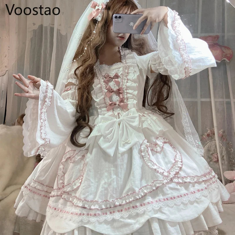 Sweet Chic Lolita Princess OP Dress Women Vintage Elegant Bow Lace Ruffles Pearls Flowers Wedding Dresses Girly Cute Party Dress