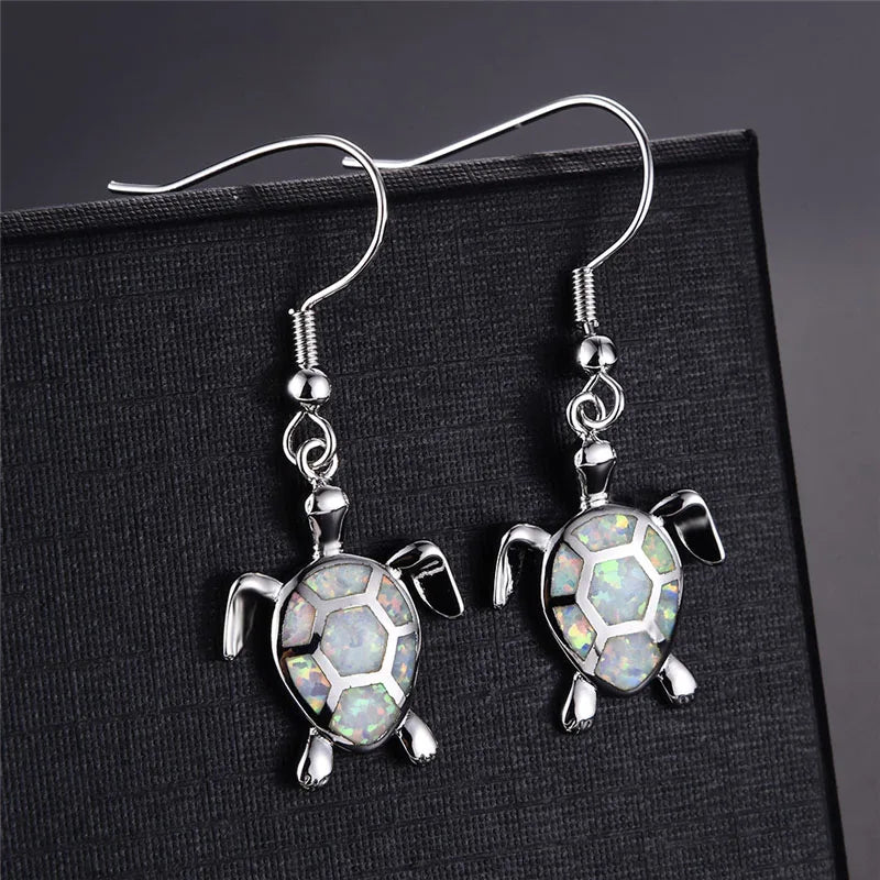 Cute Women Sea Turtle Long Drop Earrings Wedding Jewelry Accessories Fashion Blue Imitation Opal Pendant Earrings for Women