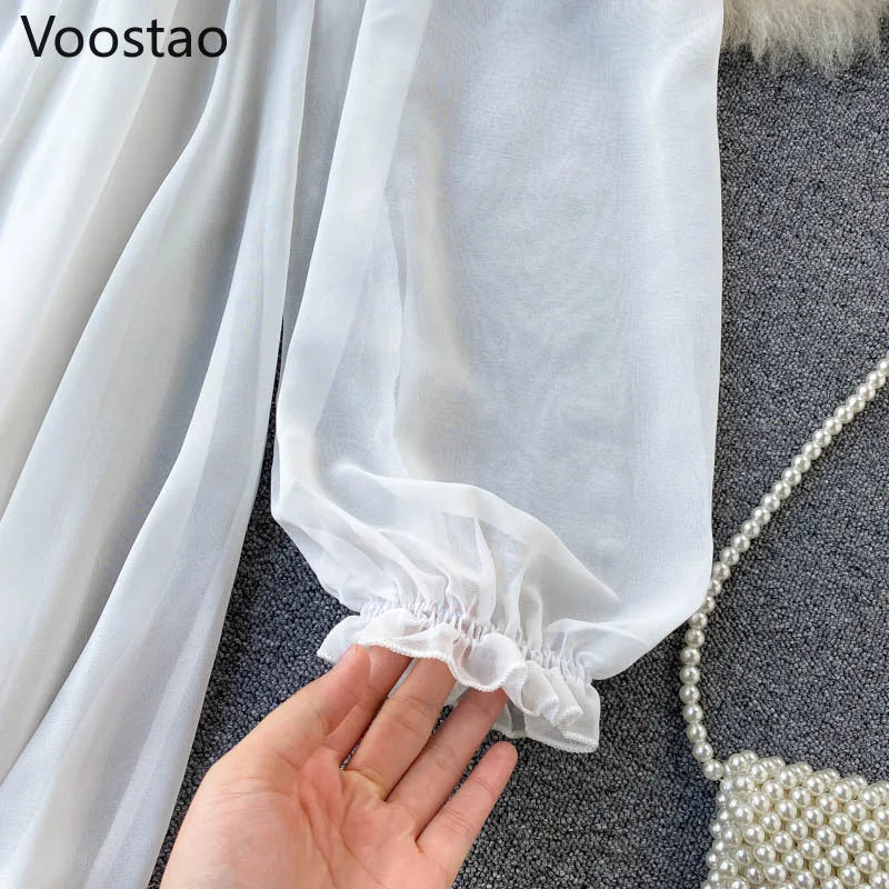 Seaside Holiday Party Dress Women Elegant White Fairy Chiffon Long Dresses Ladies Sweet Slash Neck Off Shoulder Boho Maxi Dress