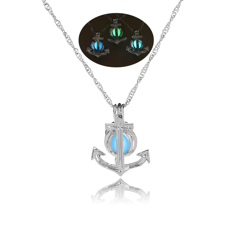 Glow in The Dark Locket necklace For Women Gun skull Heart mermaid Cross tortoise Glowing beads cage pendant Fashion Jewelry
