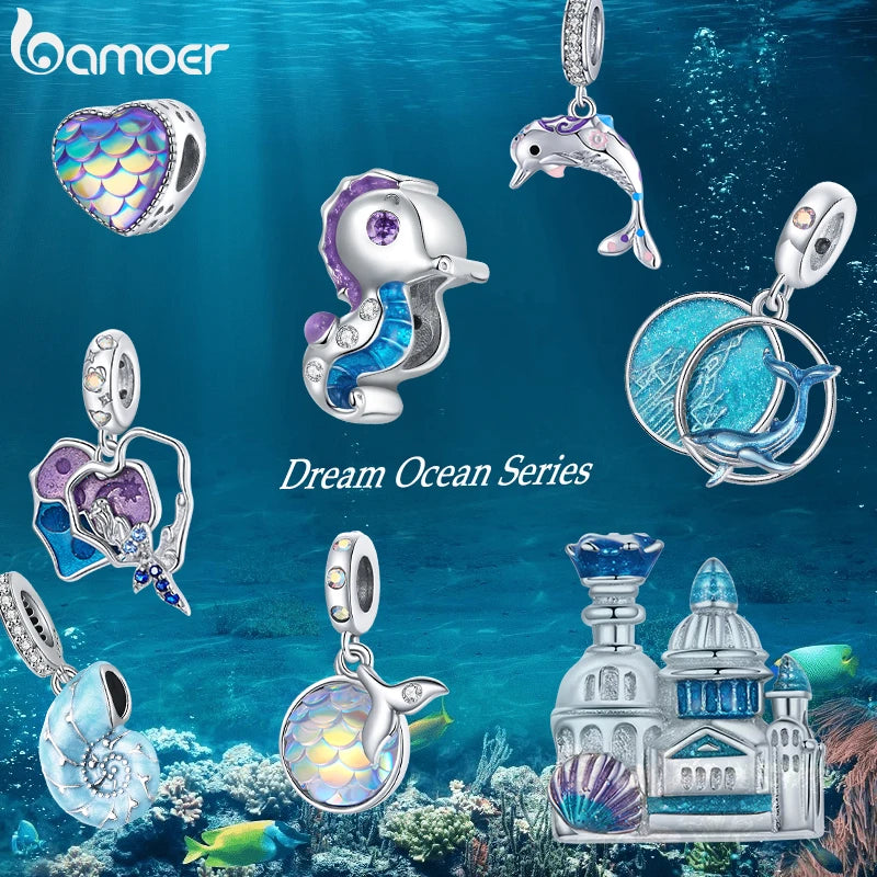 925 Sterling Silver Dream Ocean Series Enamel Charms, Mermaid Fishtail Hippocampus Shell Heart Scaly Castle Charm BSC433 - Madeinsea©