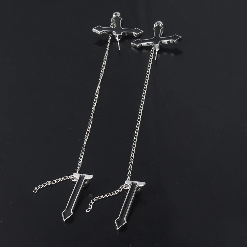 2Pcs Vintage Black Cross Earrings Punk Goth Long Chain Harajuku Streetwear Unisex Stud Earrings For Women Men Korean Jewelry