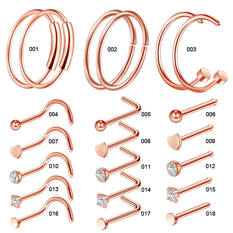 3/4/5/8/21pcs 20G Nose Studs Set Surgical Steel L-Shape Nostril Studs Screws Nose Ring Hoop Body Piercing Jewelry Mixed Styles