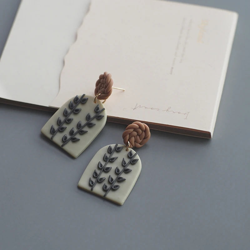 Leaves Heart Earthy Colors Arch Natural Handmade Polymer Clay Braided Pattern Earrings Dangle Sets Women Jewelry Holiday Wear