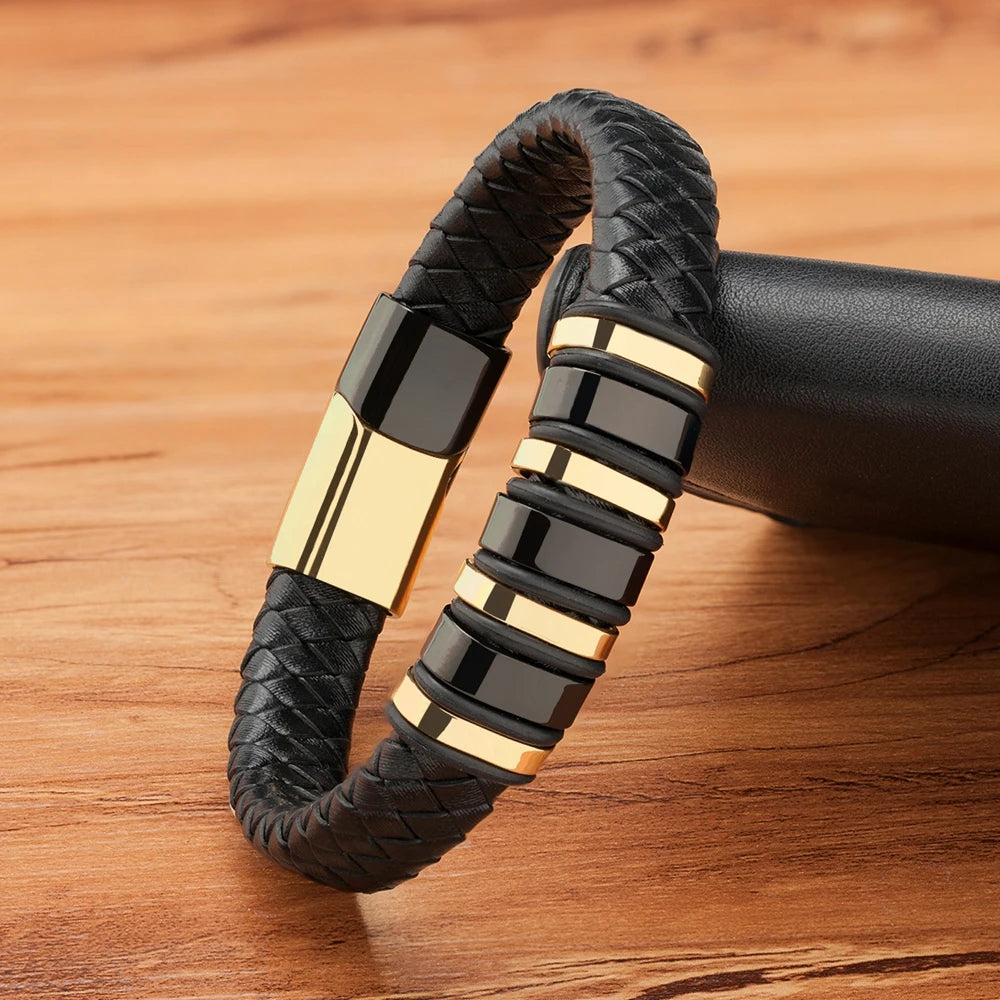 TYO New Fashion Braided Wrap Rope Black Leather Bracelets For Men Simple Stainless Steel Charm Vintage Bangles Jewelry Gift