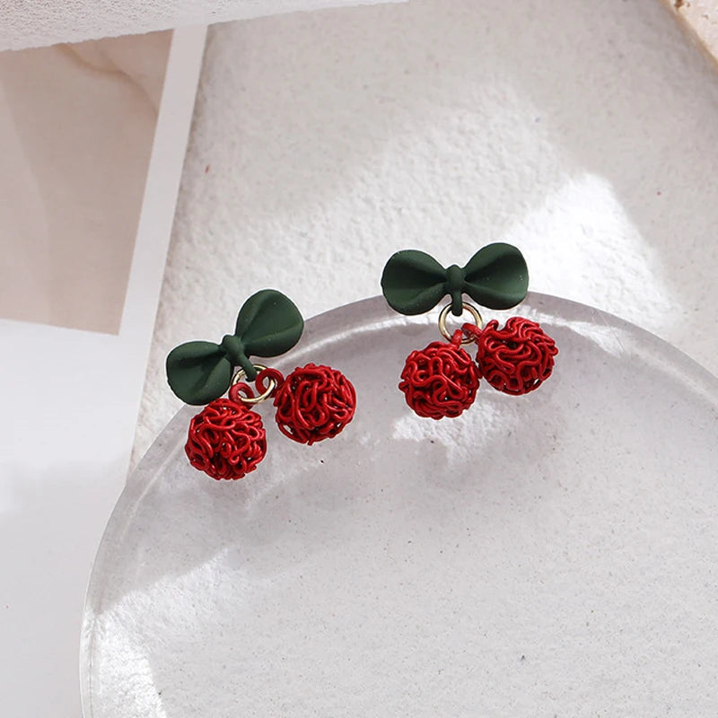 Fashion Crystal Bow Knot Stud Earrings For Women Pearl Cherry Flowers Rhinestone Red Earring Girls Party Christmas Jewelry Gifts