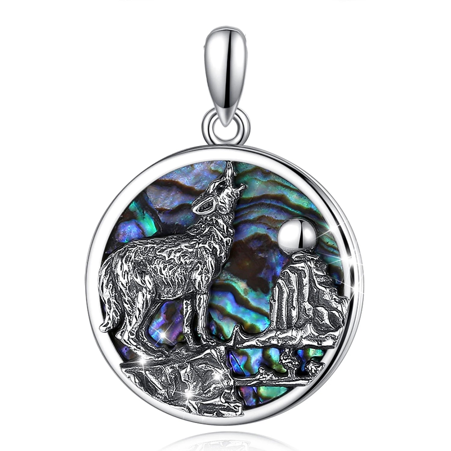 Collier pendentif loup en argent sterling 925 Eudora, coquillage d'ormeau, mère huître, bleu, coloré, fin, bijoux mbd023