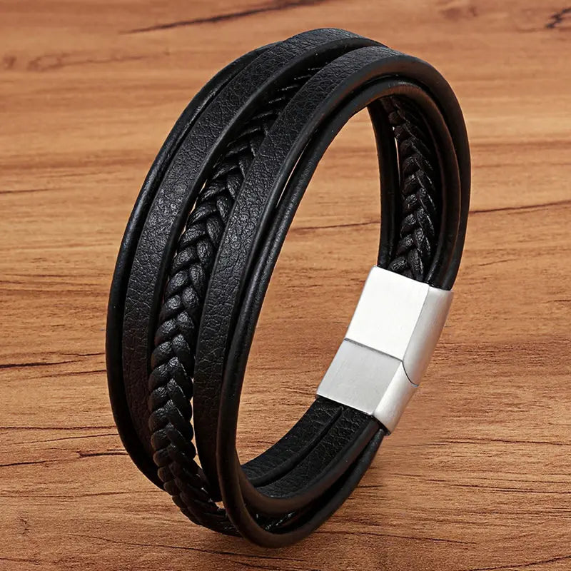 TYO Fashion Stainless Steel Charm Magnetic Black Men Bracelet Leather Genuine Braided Punk Rock Bangles Jewelry Accessories - Madeinsea©