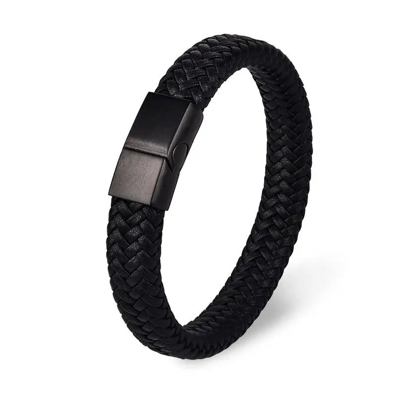 Bracelet jonc homme style punk en cuir tressé noir, fermoir magnétique en acier inoxydable, 18,5/22/20,5 cm