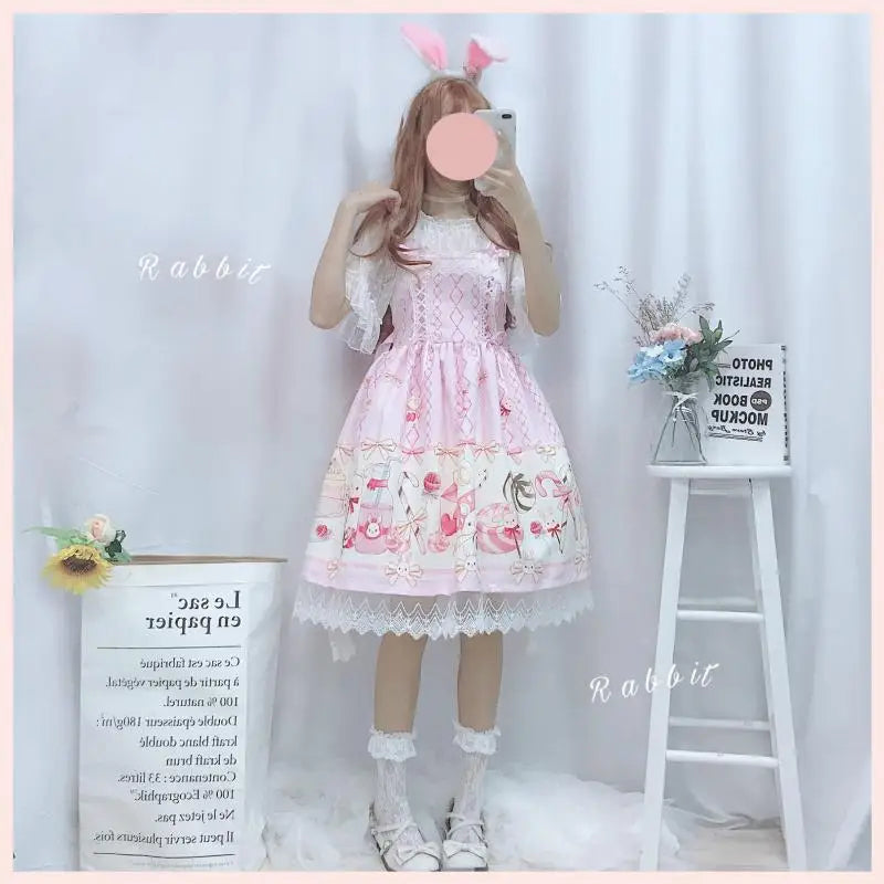 Robe Lolita japonaise douce et mignonne JSK pour femmes, style été, imprimé dessin animé, style kawaii, pour cosplay de princesse.