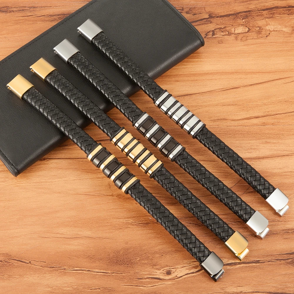 TYO New Fashion Braided Wrap Rope Black Leather Bracelets For Men Simple Stainless Steel Charm Vintage Bangles Jewelry Gift