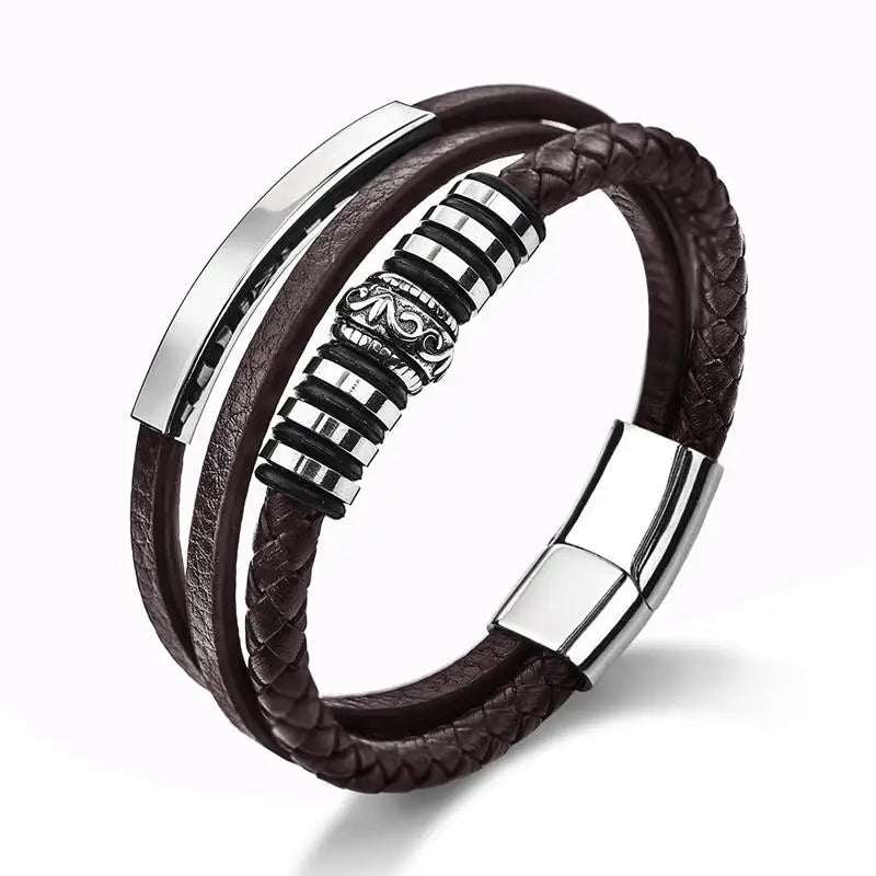 Jiayiqi Men Jewelry Genuine Leather Bracelets Fashion New Stainless Steel Magnetic Clasp Punk Black Brown Rope Brangle for Gifts