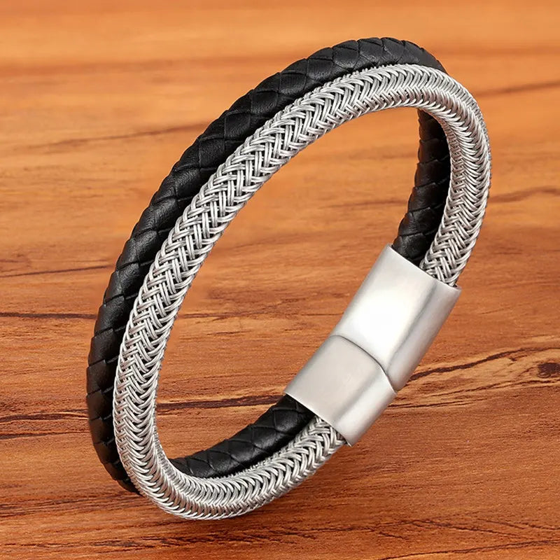 TYO Fashion Stainless Steel Charm Magnetic Black Men Bracelet Leather Genuine Braided Punk Rock Bangles Jewelry Accessories - Madeinsea©