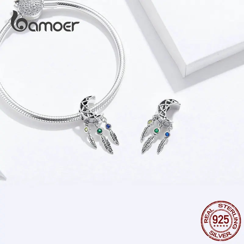 BAMOER 100% 925 Sterling Silver Openwork Moon and Star Goodnight Charm Beads fit Bracelet DIY Jewelry Valentine Day Gift SCC483