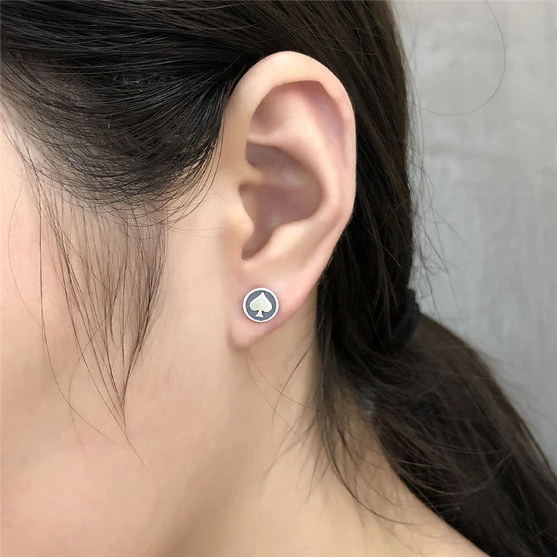 MKENDN Personalized 925 Sterling Silver Earrings Men Women  Black Heart Stud Earrings Street Punk Hip-Hop Jewelry