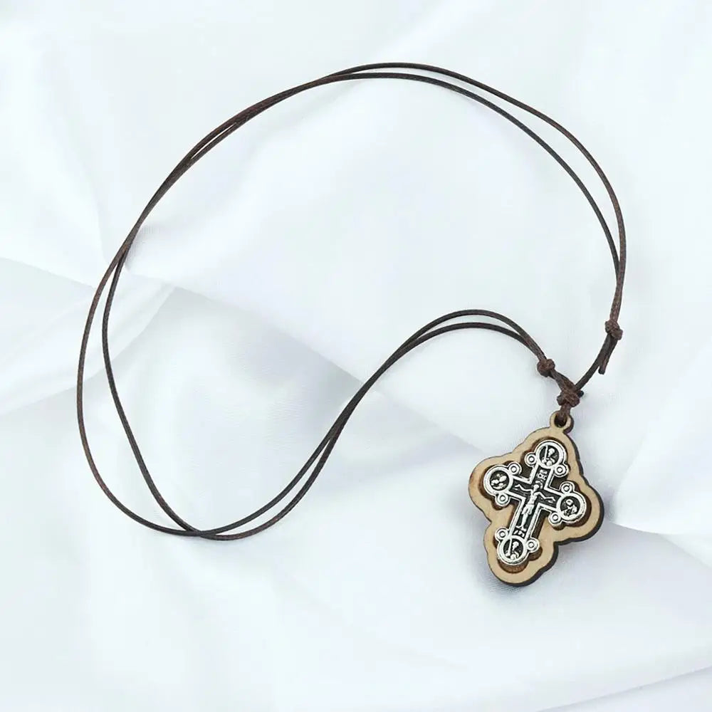 Orthodox ICXC Wooden Saint Cross Pendant Necklaces for Men Adjustable Leather Rope Chain Necklace Religious Jewelry