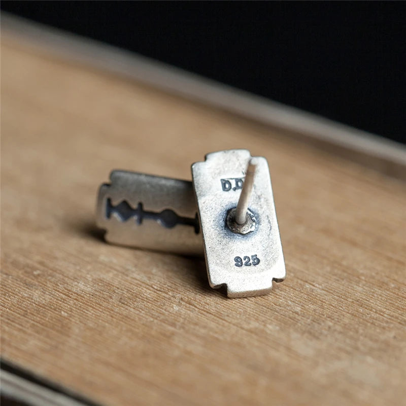 MKENDN  Gothic Port Style Real 925 Sterling Silver Men Blade Stud Earrings Vintage Distressed Earrings Unisex Earrings