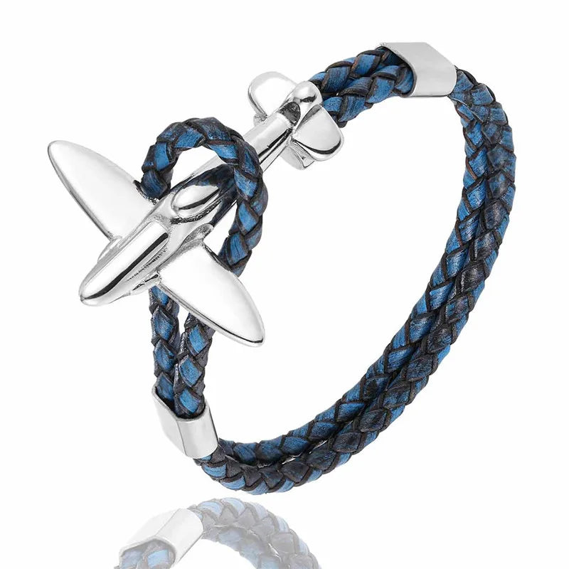 MKENDN Stainless Steel 18k Plated Aviation Airplane Anchor Bracelets Men Women Retro Leather Bracelet Air Force Style Jewelry