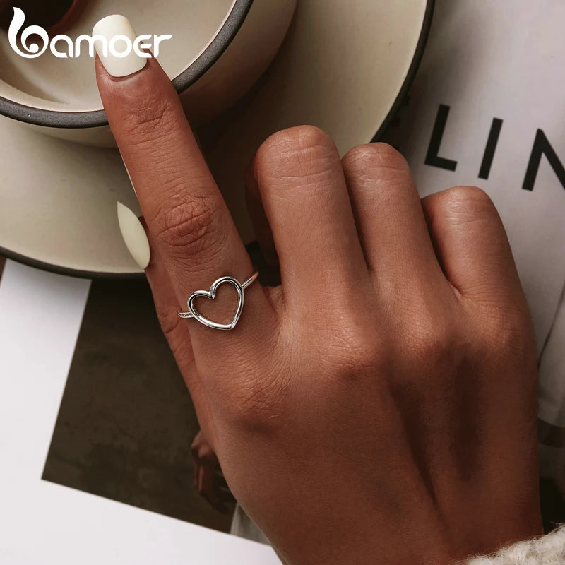 Anillos de dedo de corazon minimalistas de Plata de Ley 925 de BAMOER