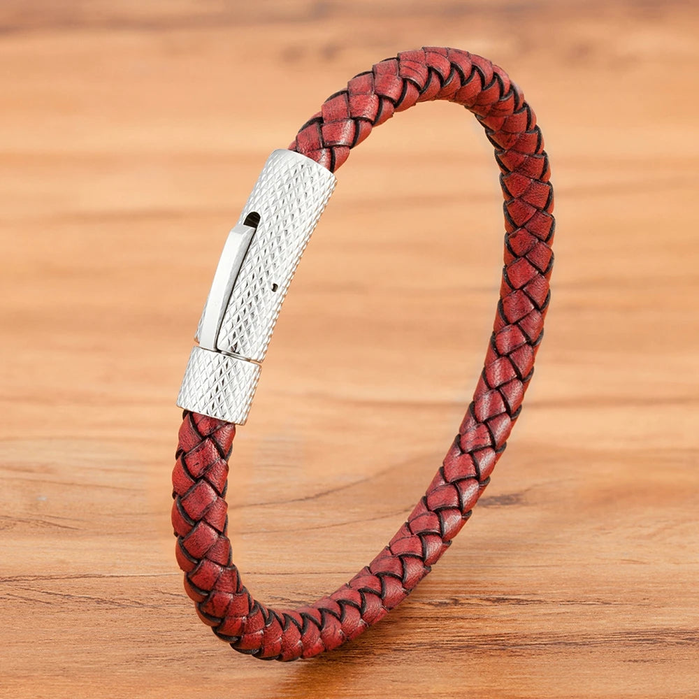 Bracelet TYO de luxe classique en acier inoxydable et cuir pour homme, tissé à la main, fermoir magnétique, noir, bijou simple, cadeau personnalisable