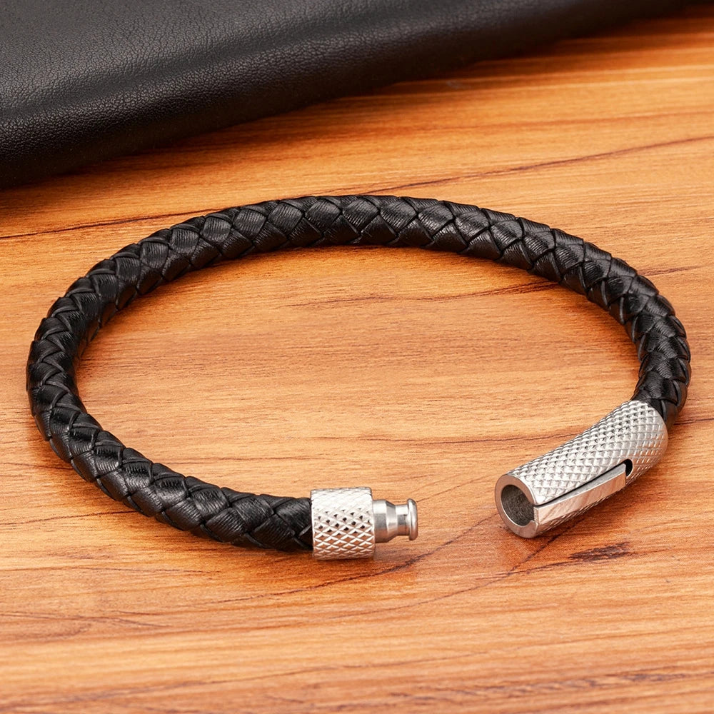 Bracelet TYO de luxe classique en acier inoxydable et cuir pour homme, tissé à la main, fermoir magnétique, noir, bijou simple, cadeau personnalisable